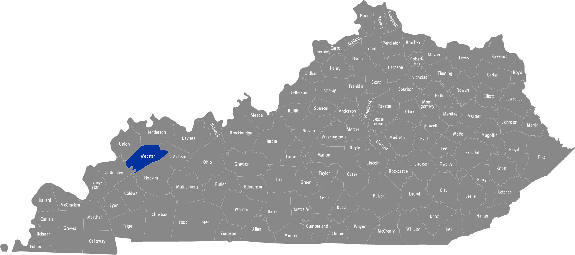 State of Kentucky map with Webster County highlighted